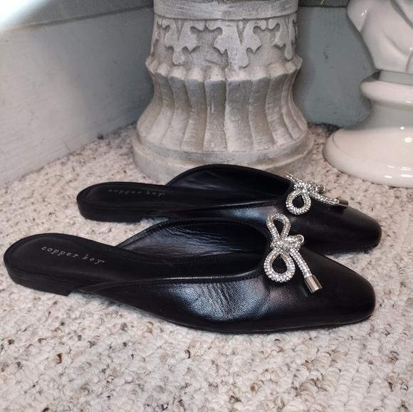 Copper Key Shoes - Copper Key Glimmer Black Leather Slip-On Mules with Rhinestone Bow Accent